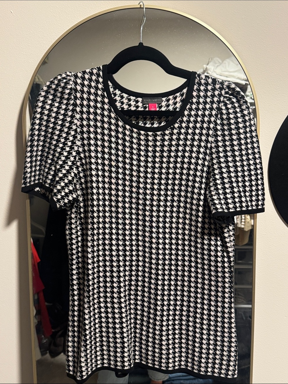 Vince Camuto Houndstooth Puff Sleeve Top Black White Size S